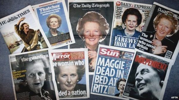 Noticia de la muerte de Margaret Thatcher en distintos periódicos británicos